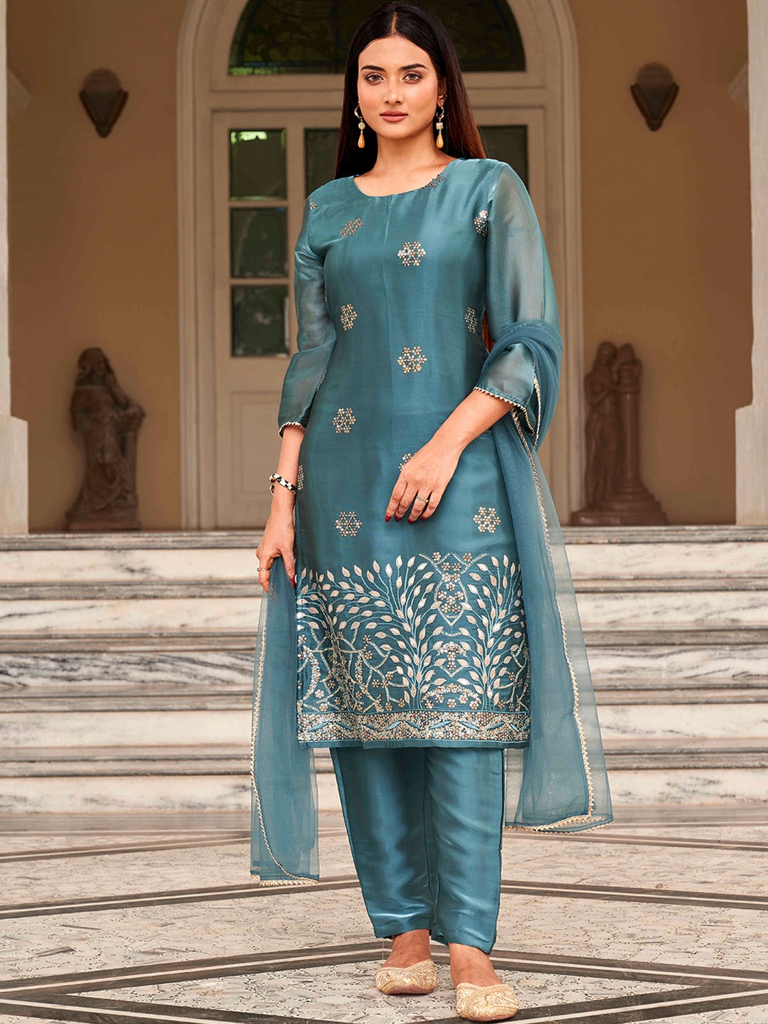 

Tikhi Imli Floral Embroidered Gotta Patti Kurta With Trousers & Dupatta, Teal