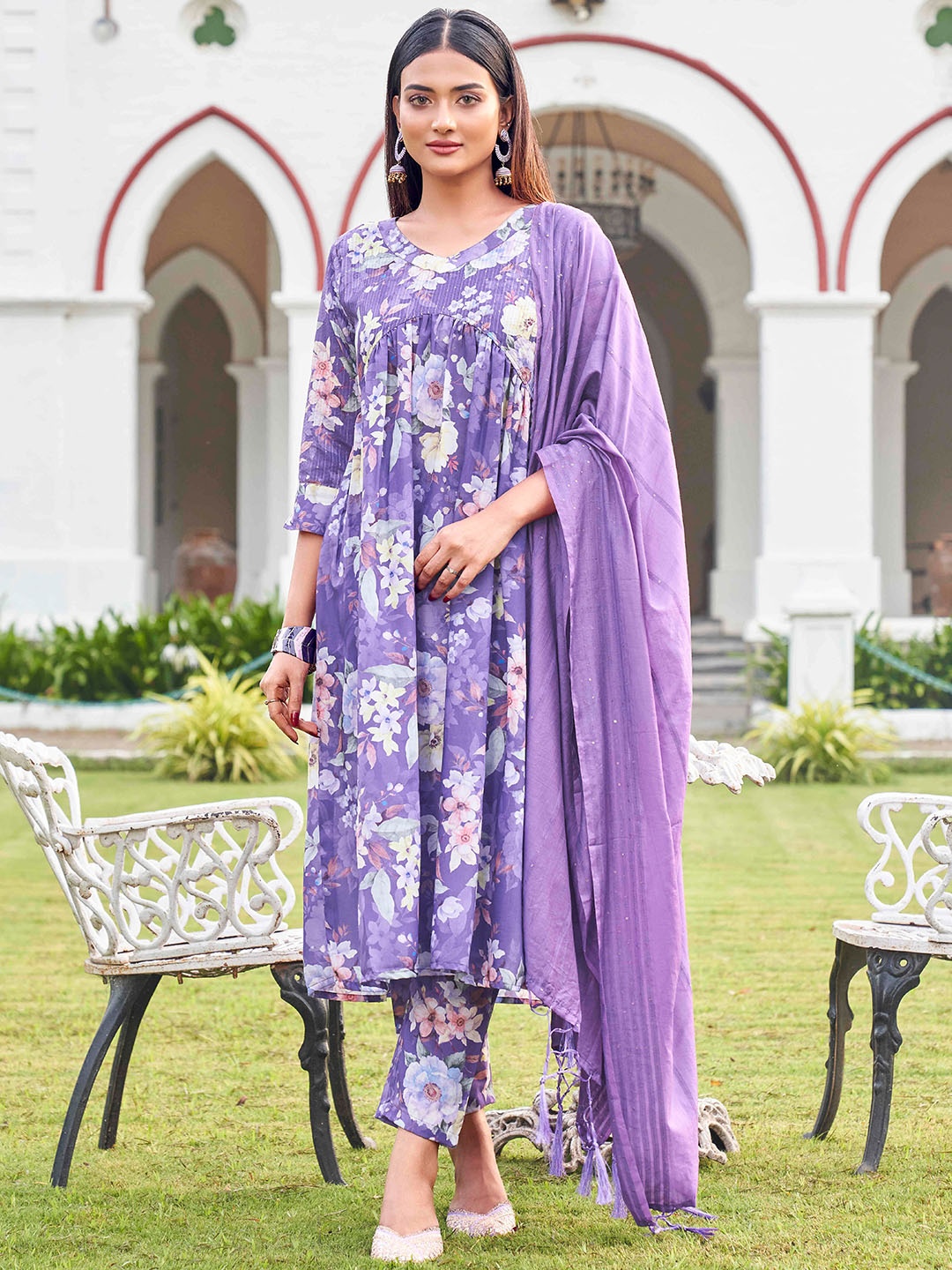 

Tikhi Imli Floral Printed A-Line Kurta With Trousers & Dupatta, Violet