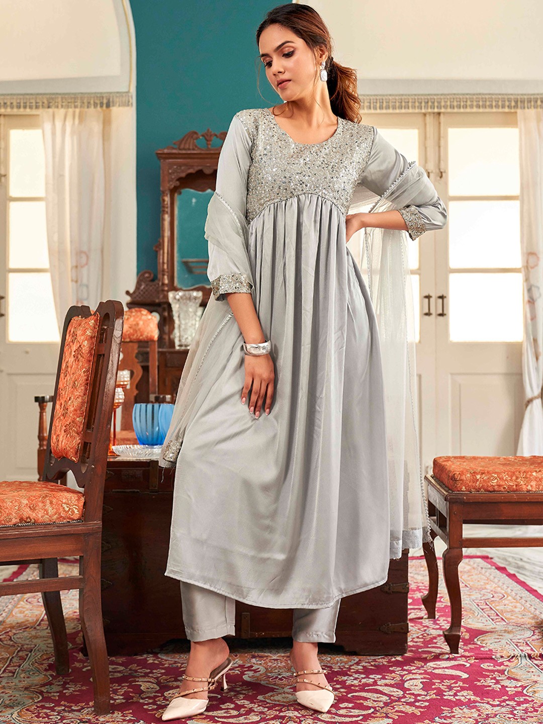 

Tikhi Imli Embroidered Empire Sequinned Satin Anarkali Kurta With Trousers & Dupatta, Silver