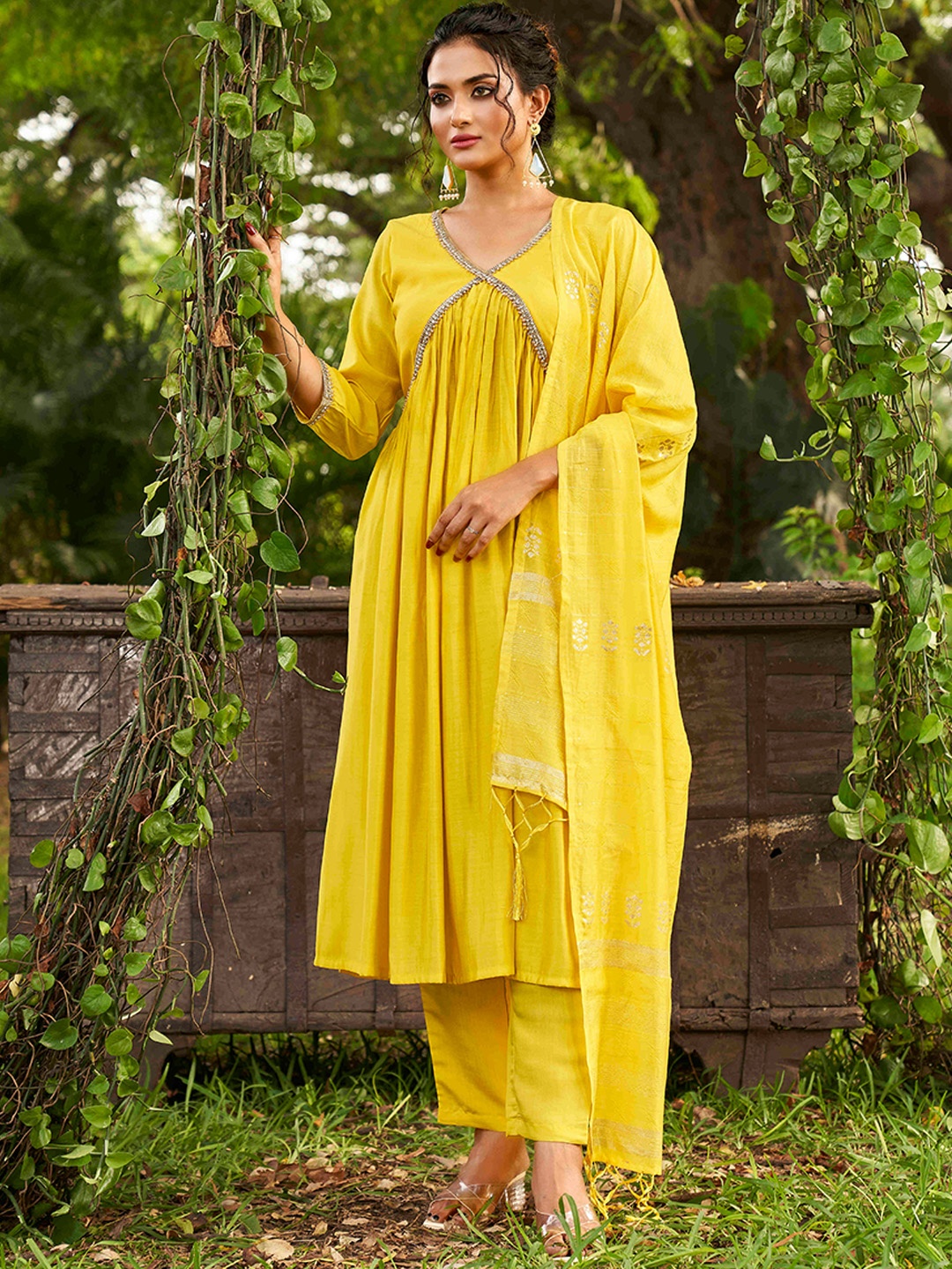 

Tikhi Imli V-Neck Empire Beads and Stones A-Line Kurta With Trousers & Dupatta, Yellow