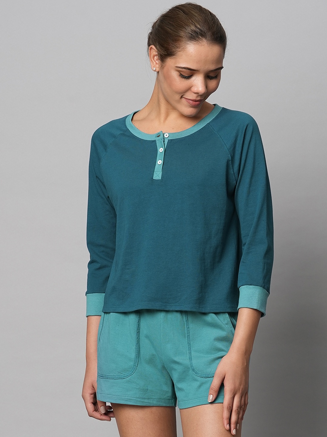 

Chemistry Henley Neck Pure Cotton Night suit, Teal