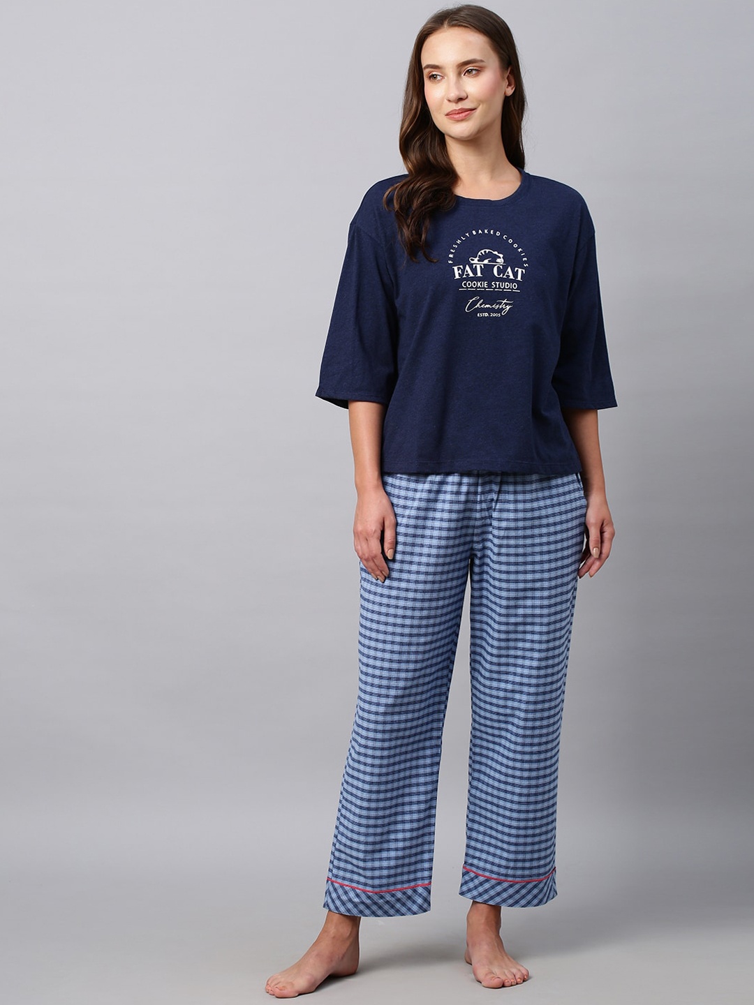 

Chemistry Typography Printed Pure Cotton Night suits, Navy blue