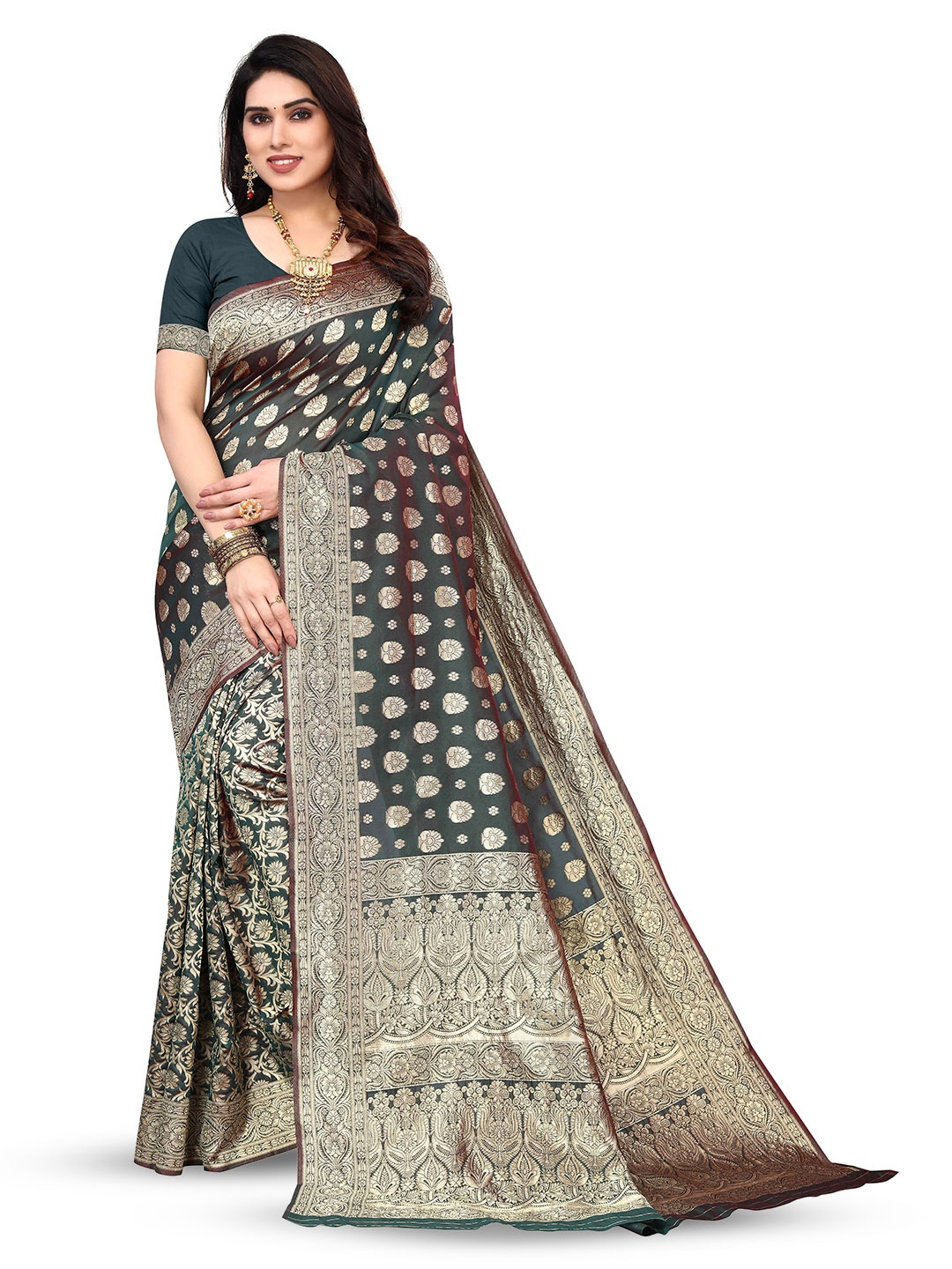 

KALINI Woven Design Zari Kanjeevaram Saree, Green