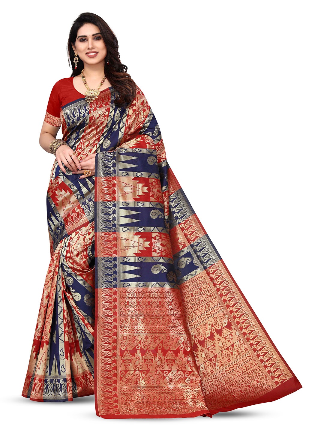 

KALINI Woven Design Zari Kanjeevaram Saree, Red