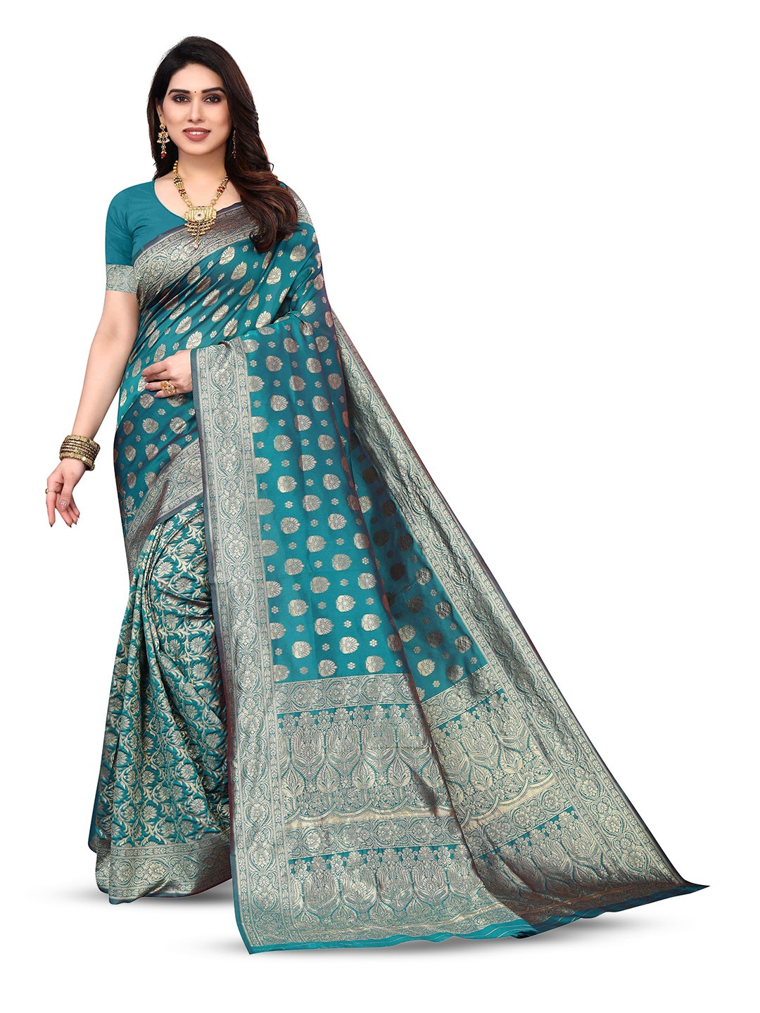 

KALINI Woven Design Zari Kanjeevaram Saree, Green