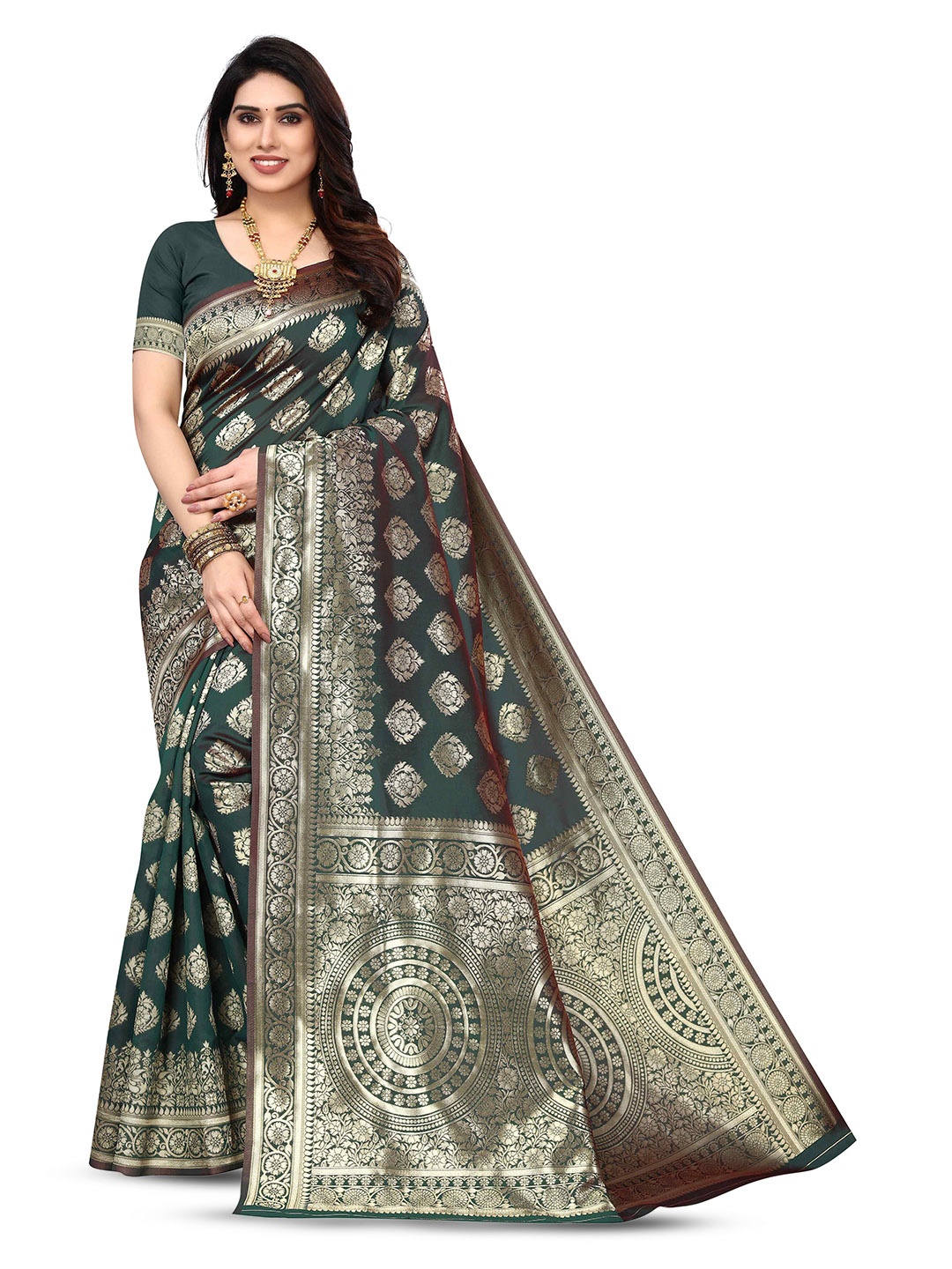 

KALINI Woven Design Zari Kanjeevaram Saree, Green