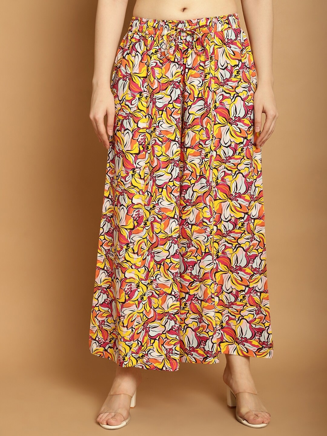 

GRACIT Floral Printed Flared Knitted Palazzos, Red