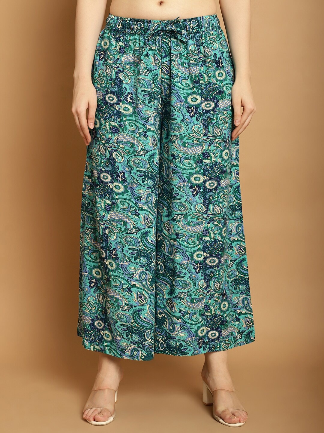 

GRACIT Floral Printed Flared Knitted Palazzos, Teal