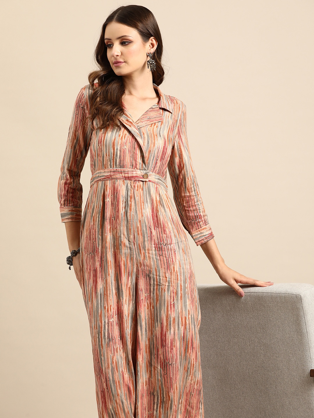 

Anouk Shawl Neck Striped Basic Jumpsuit, Peach