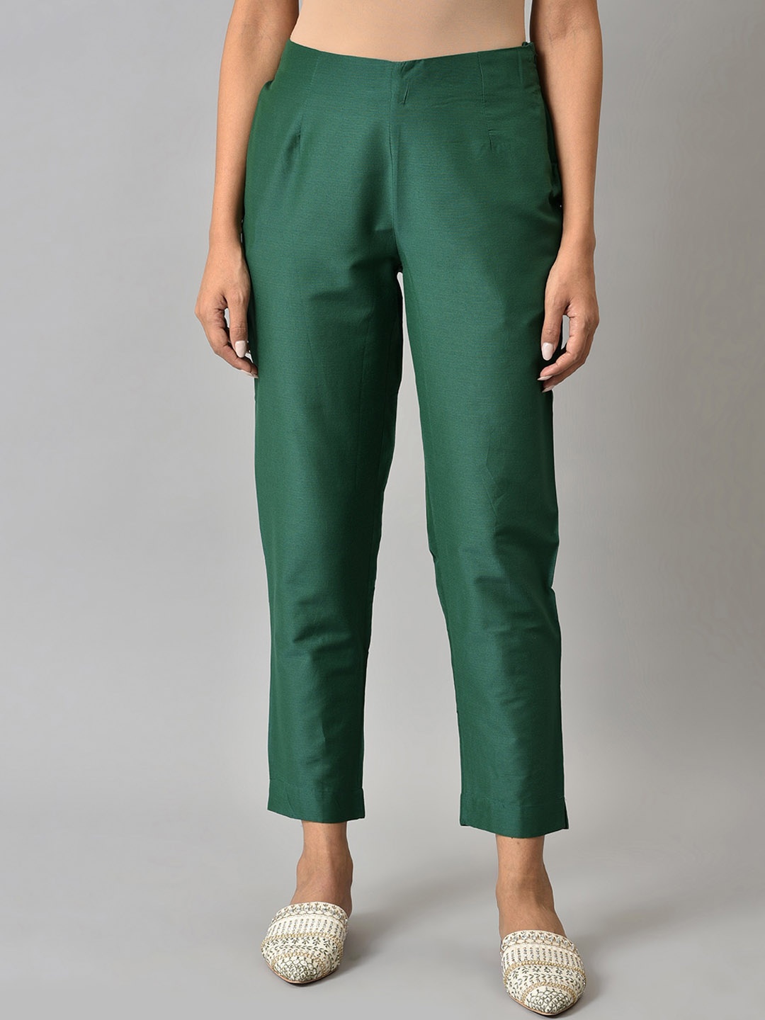 

W Women Slim Fit Mid-Rise Cigarette Trousers, Green
