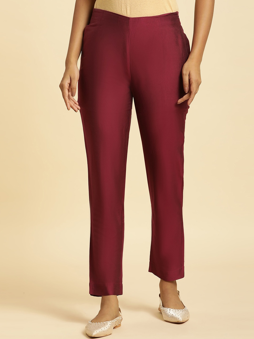 

W Women Slim Fit Mid-Rise Cigarette Trousers, Maroon
