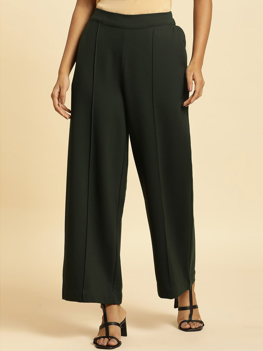

W Women Pleated Mid-Rise Straight Fit Parallel Trousers, Green