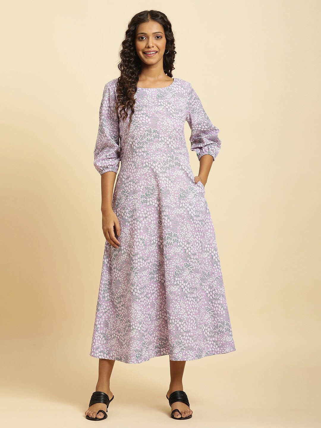 

W Floral Printed Cotton A Line Midi Dress, Purple