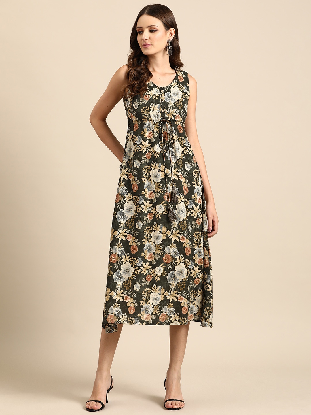 

Anouk Floral Printed Fit & Flare Midi Ethnic Dress, Olive