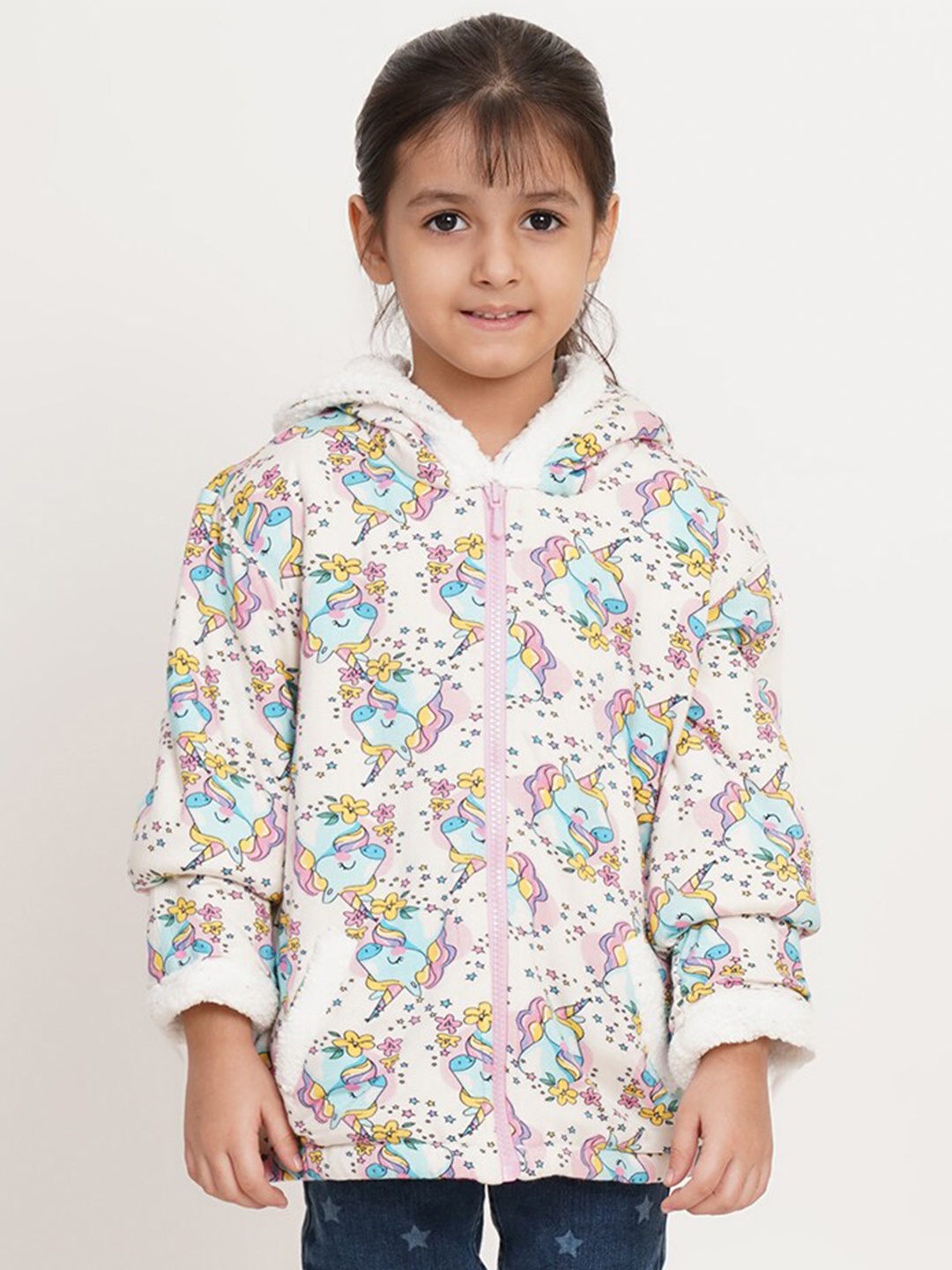 

Creative Kids Girls White Printed Hooded Sweatshirt