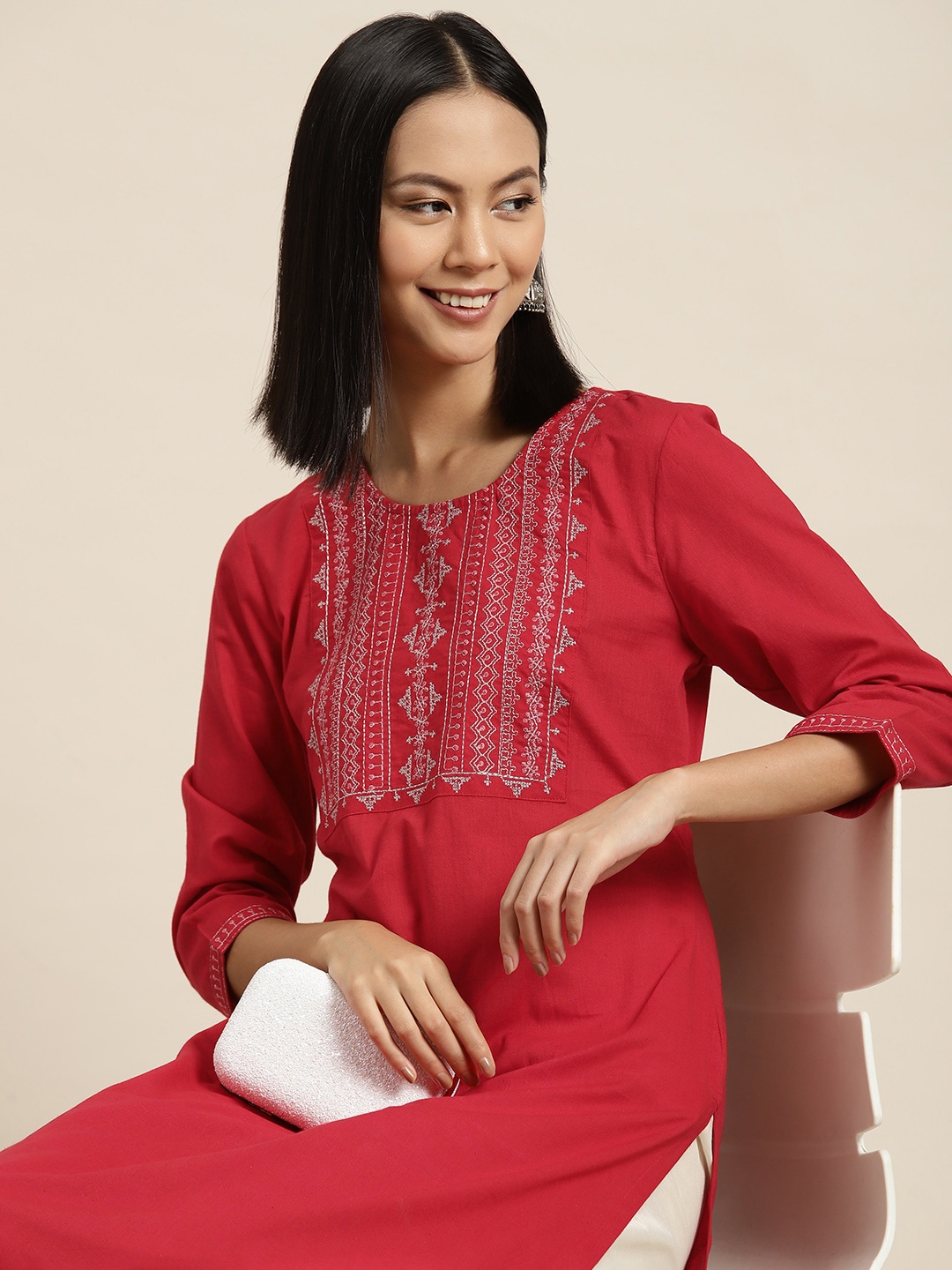 

HERE&NOW Women Yoke Design Thread Work Kurta, Red