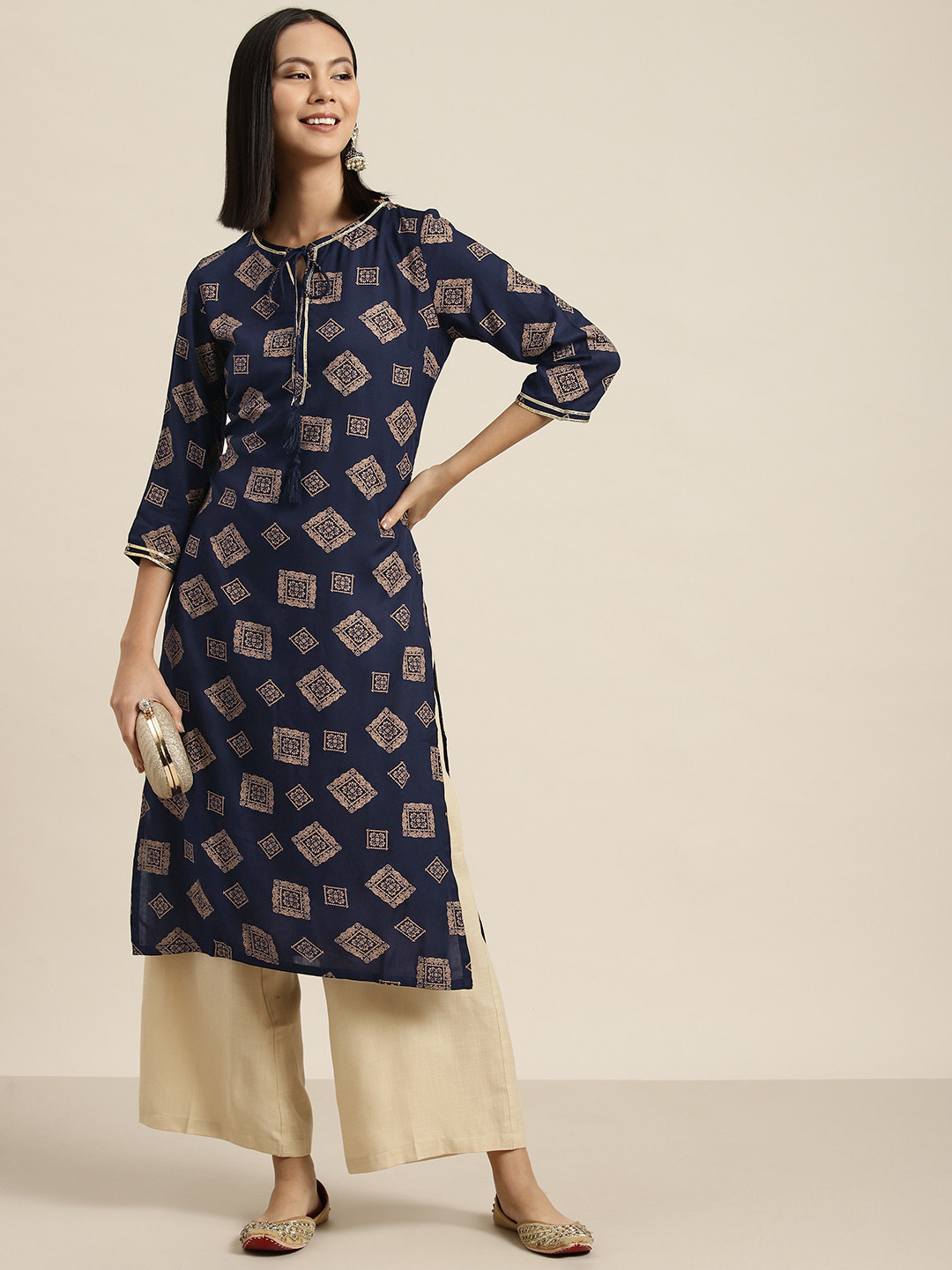 

HERE&NOW Women Ethnic Motifs Printed Gotta Patti Kurta, Navy blue