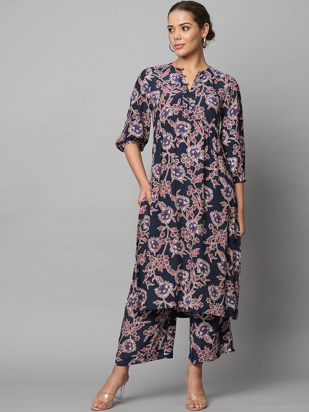 

Modern Indian by CHEMISTRY Ethnic Motifs Printed Straight Kurta With Palazzos, Navy blue