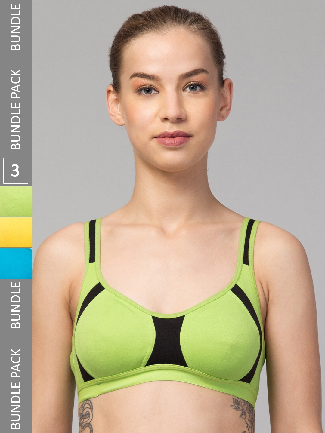 

Apraa & Parma Pack Of 3 Colourblocked Full Coverage Organic Everyday Sports Bra, Green