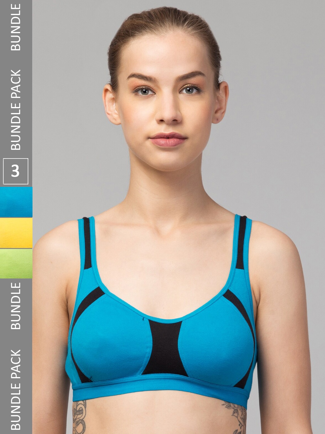 

Apraa & Parma Pack Of 3 Colourblocked Full Coverage Organic Everyday Sports Bra, Blue