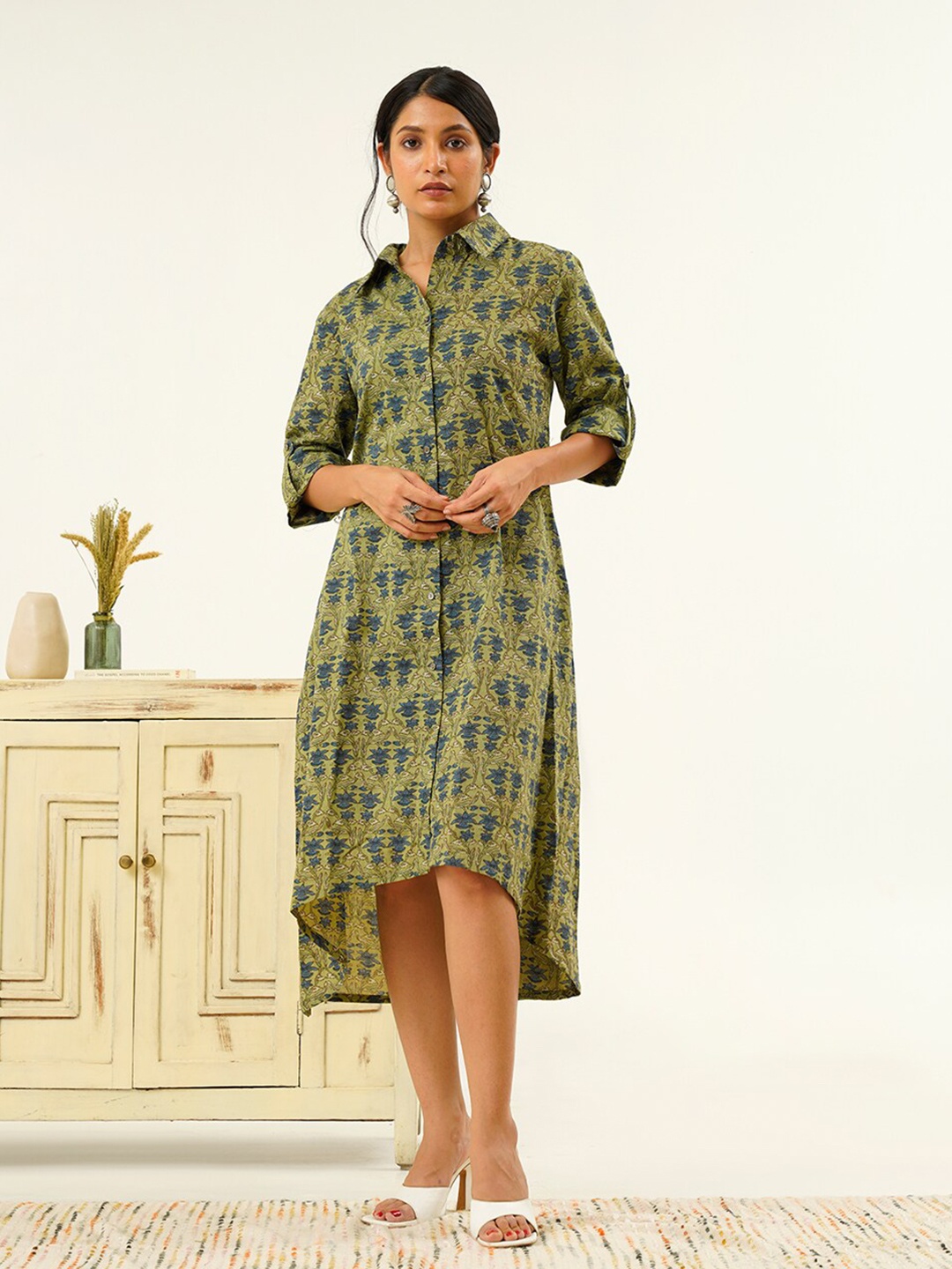 

indy Raaga Floral Printed Cotton A-Line Midi Ethnic Dress, Olive