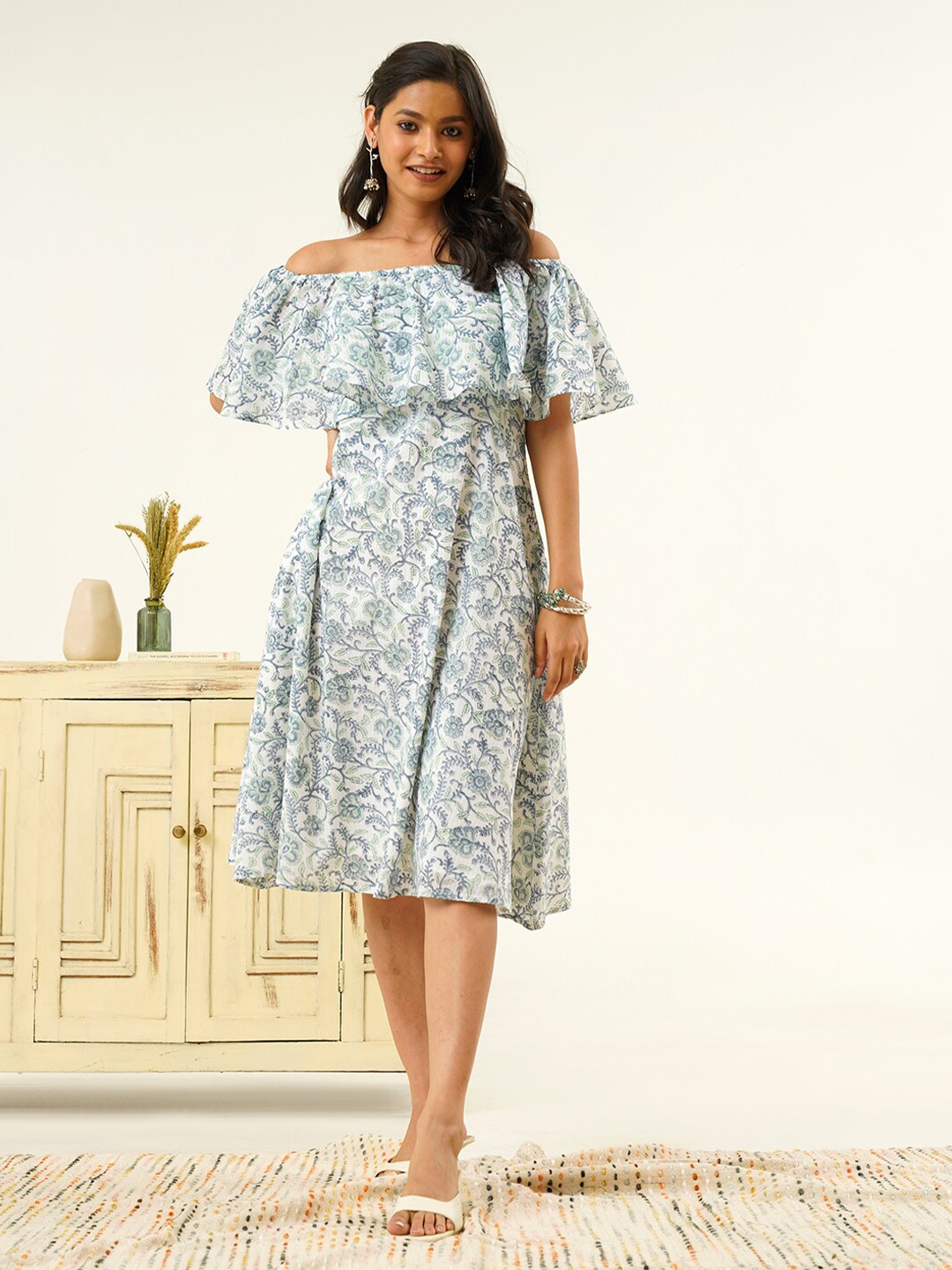 

indy Raaga Floral Printed Off-Shoulder Cotton Fit & Flare Dress, White
