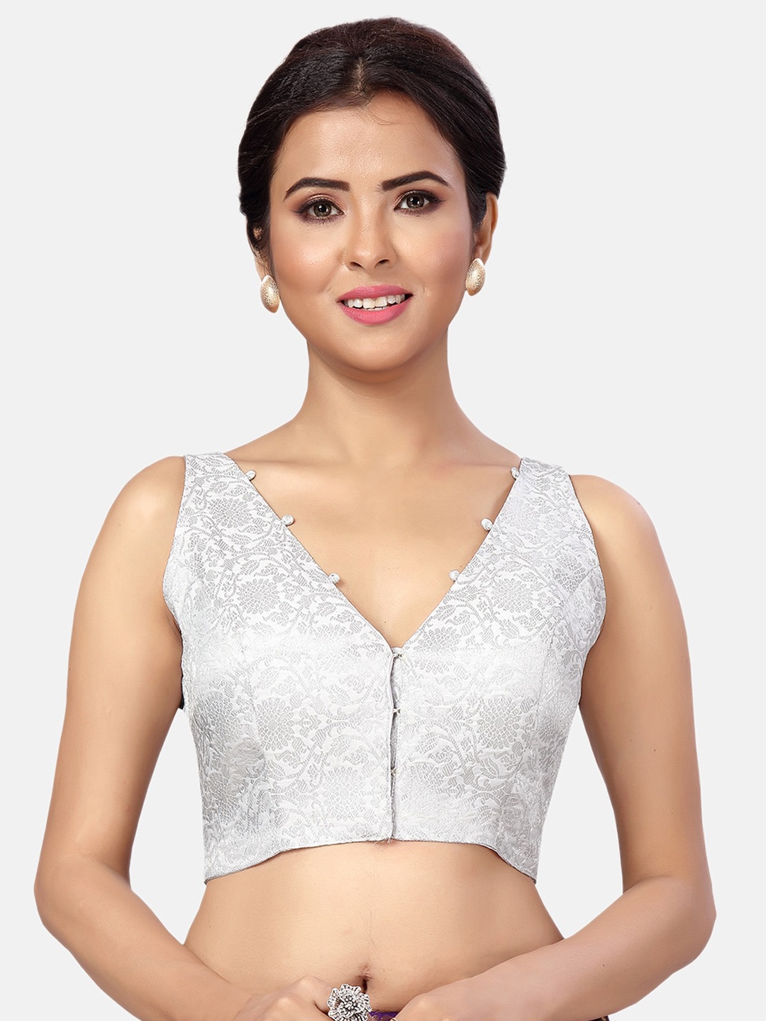 

Studio Shringaar Brocade Woven Design Padded Saree Blouse, Silver