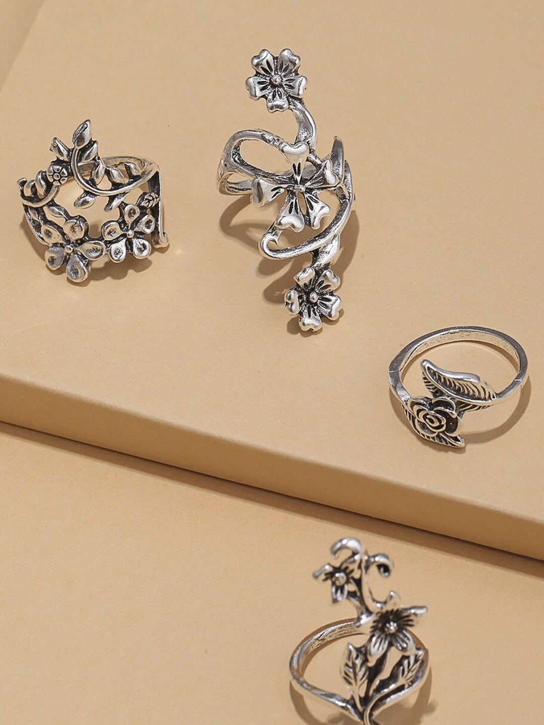OOMPH Set Of 4 Oxidised Floral Finger Rings, Silver