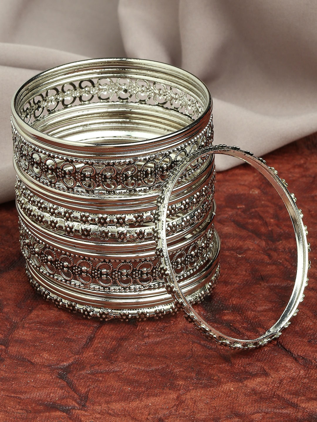 

OOMPH Set Of 18 Silver Plated Oxidised Bangles
