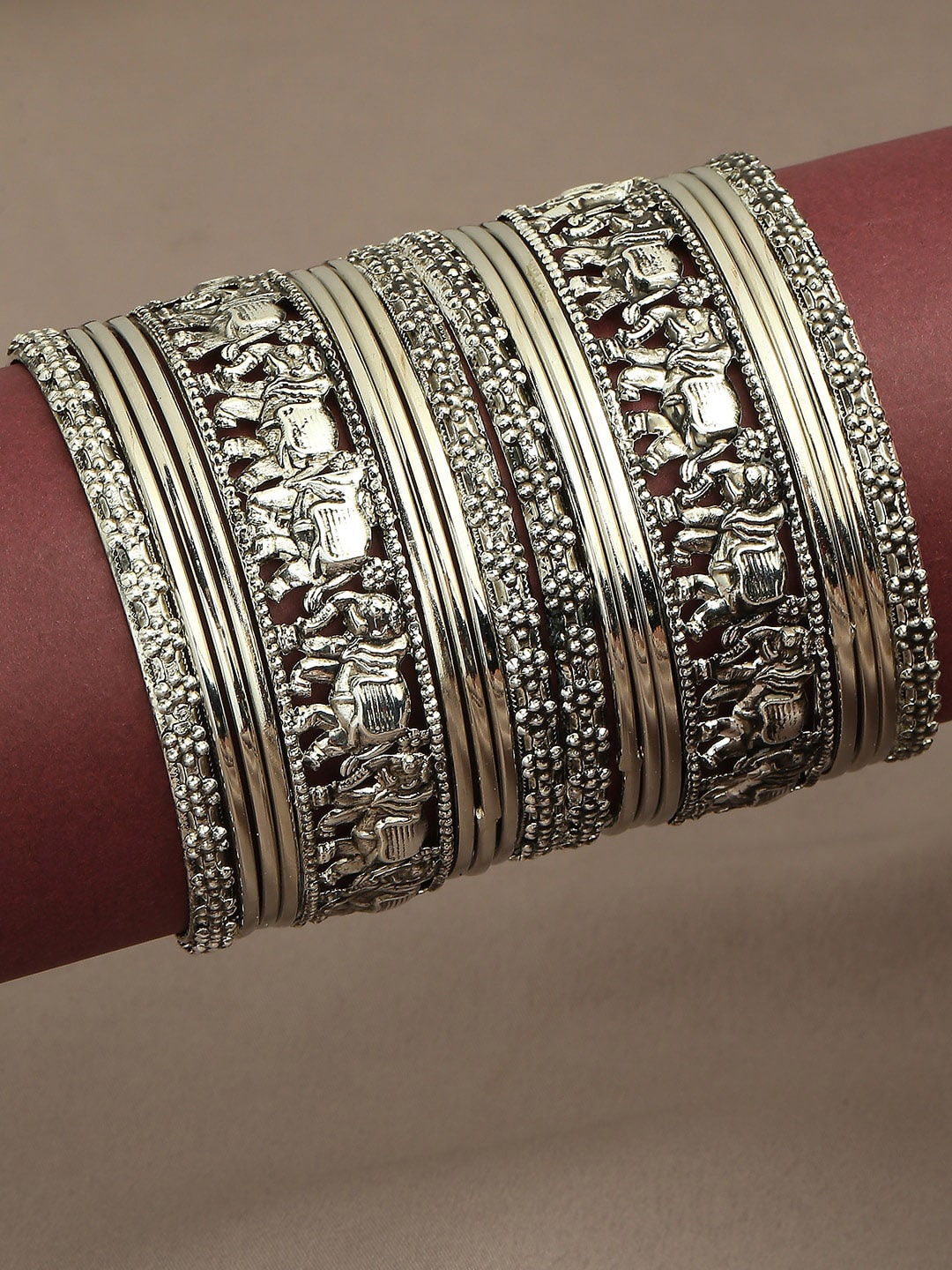 

OOMPH Set Of 18 Silver Plated Elephant Design Bangles