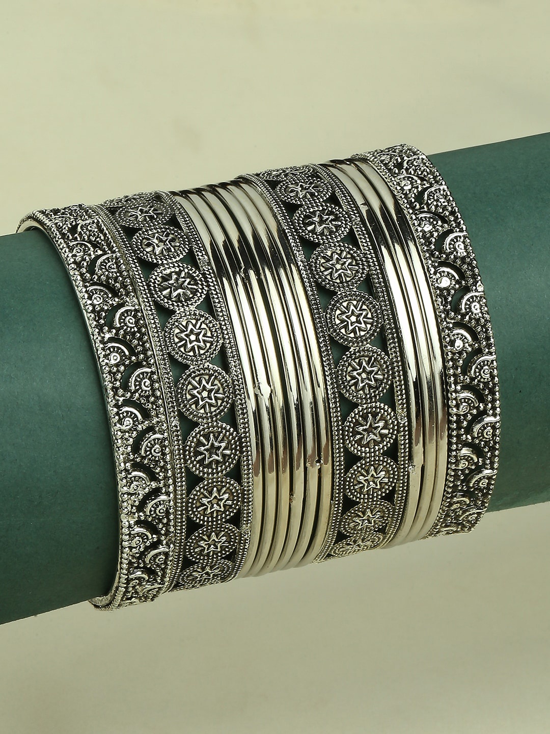 

OOMPH Set Of 13 Oxidised Bangles, Silver