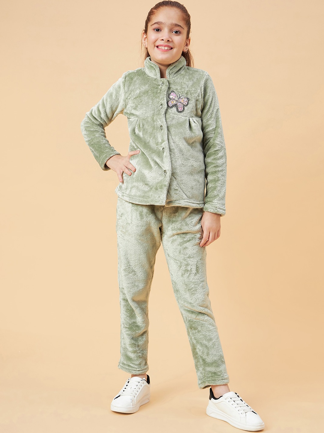 

Ben & Joe Butterfly Applique Mandarin Collar Long Sleeve Shirt With Trousers, Green