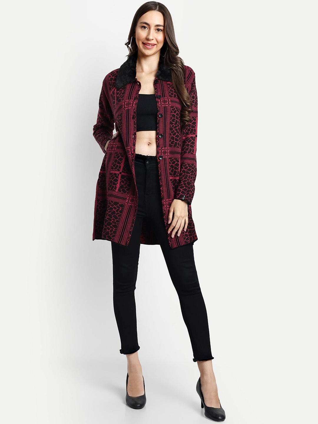 

CREATIVE LINE Self Designed Single-Breasted Woollen Overcoat, Red