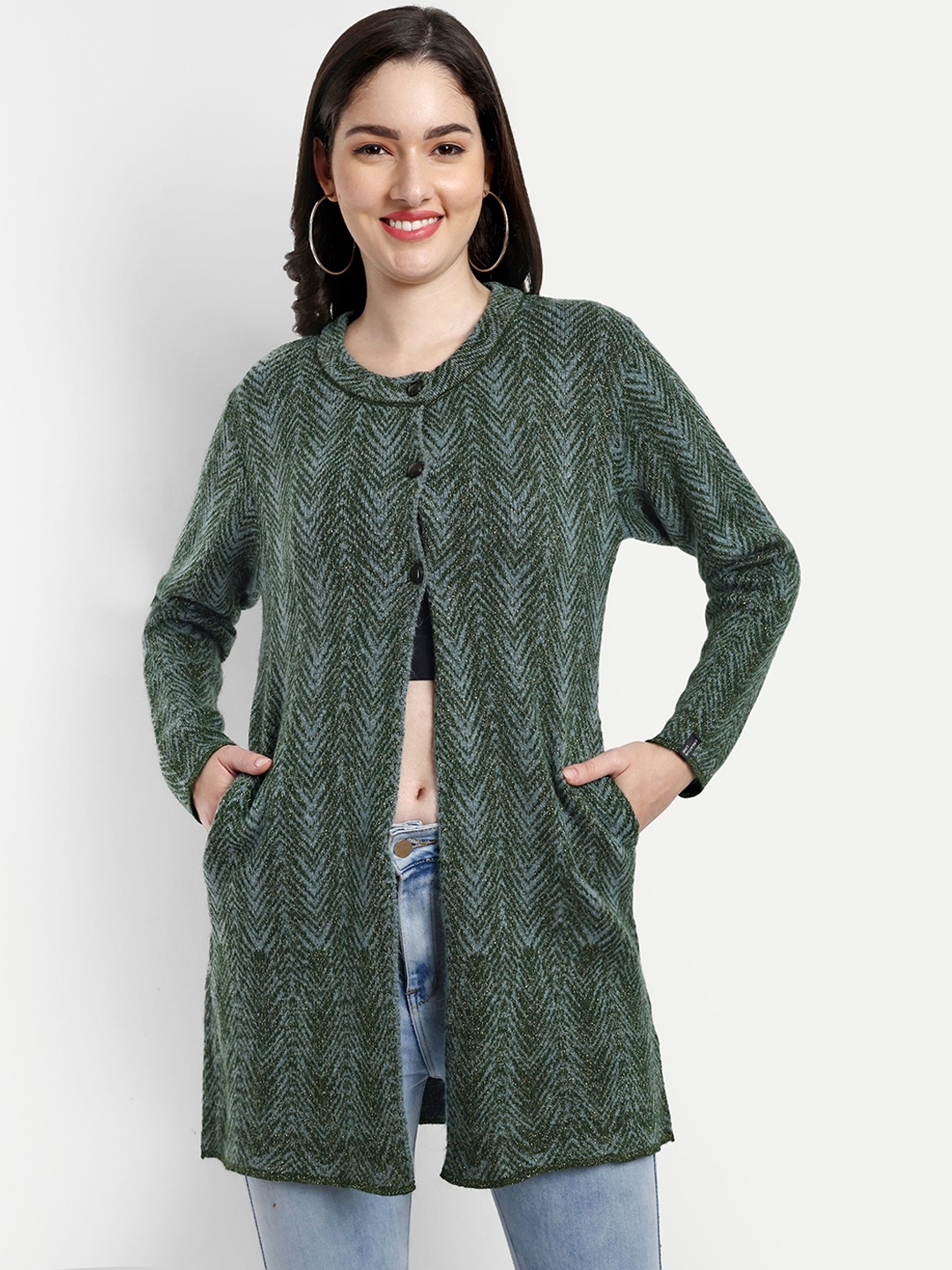 

CREATIVE LINE Self-Design Single-Breasted Woollen Overcoat, Olive