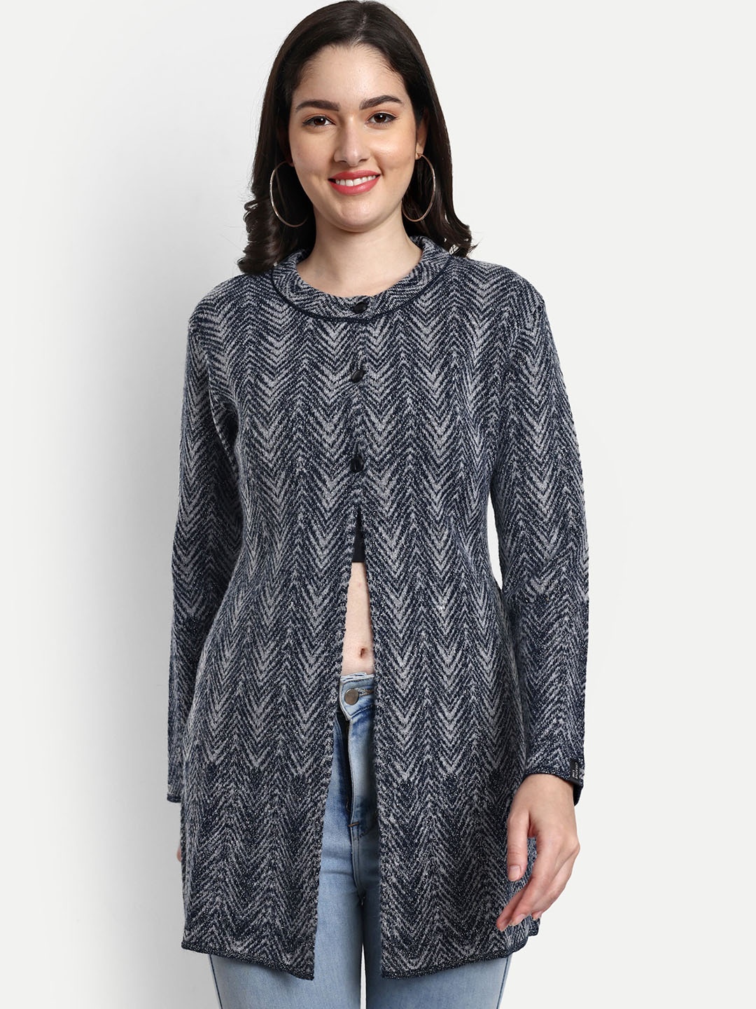 

CREATIVE LINE Self Design Single-Breasted Woollen Overcoat, Grey