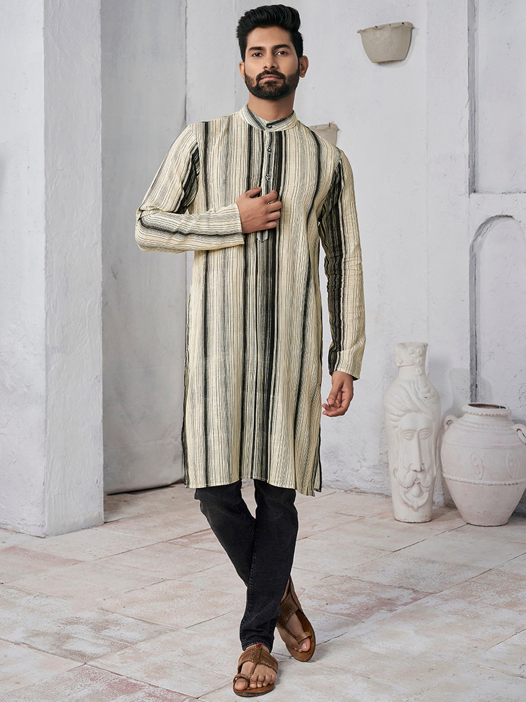 

Inddus Striped Band Collar Pure Cotton Straight Kurta, Beige