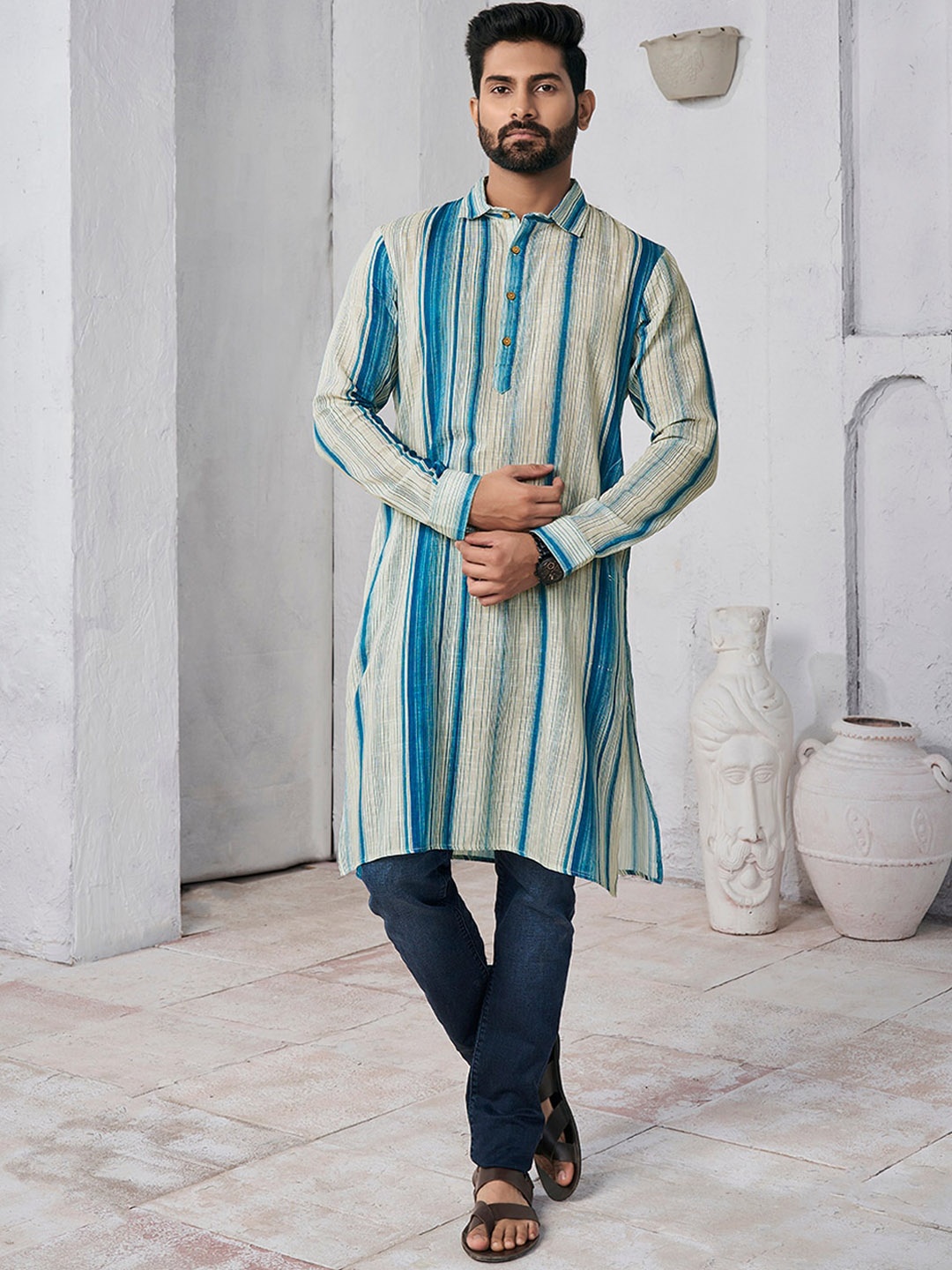 

Inddus Striped Shirt Collar Pure Cotton Straight Kurta, Beige