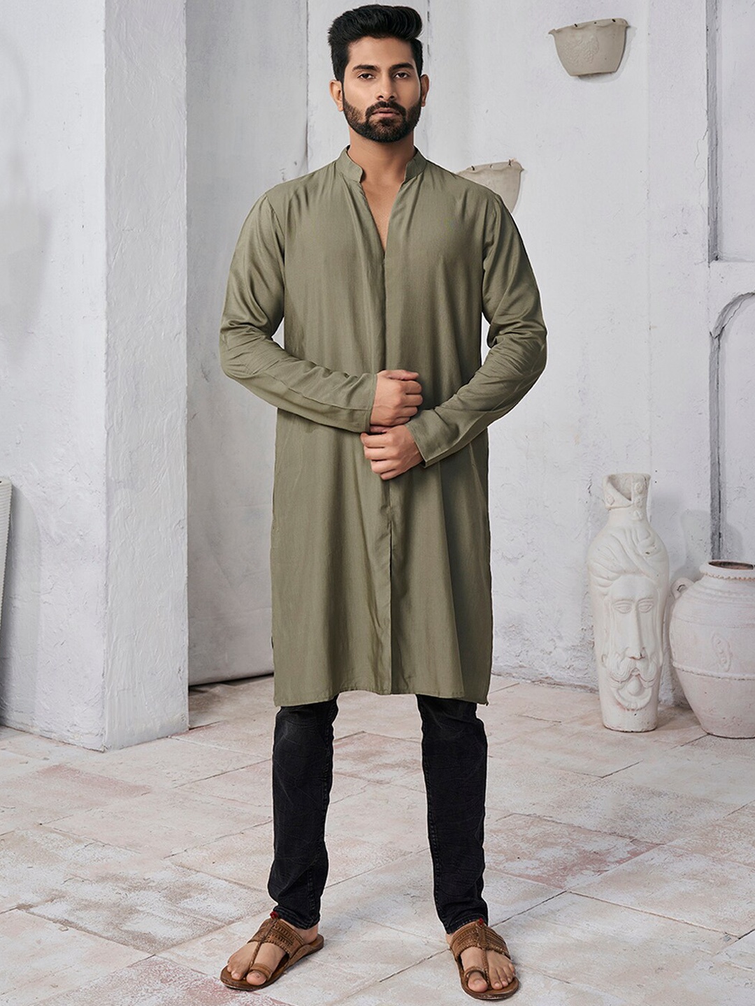 

Inddus Mandarin Collar Cotton Straight Kurta, Khaki