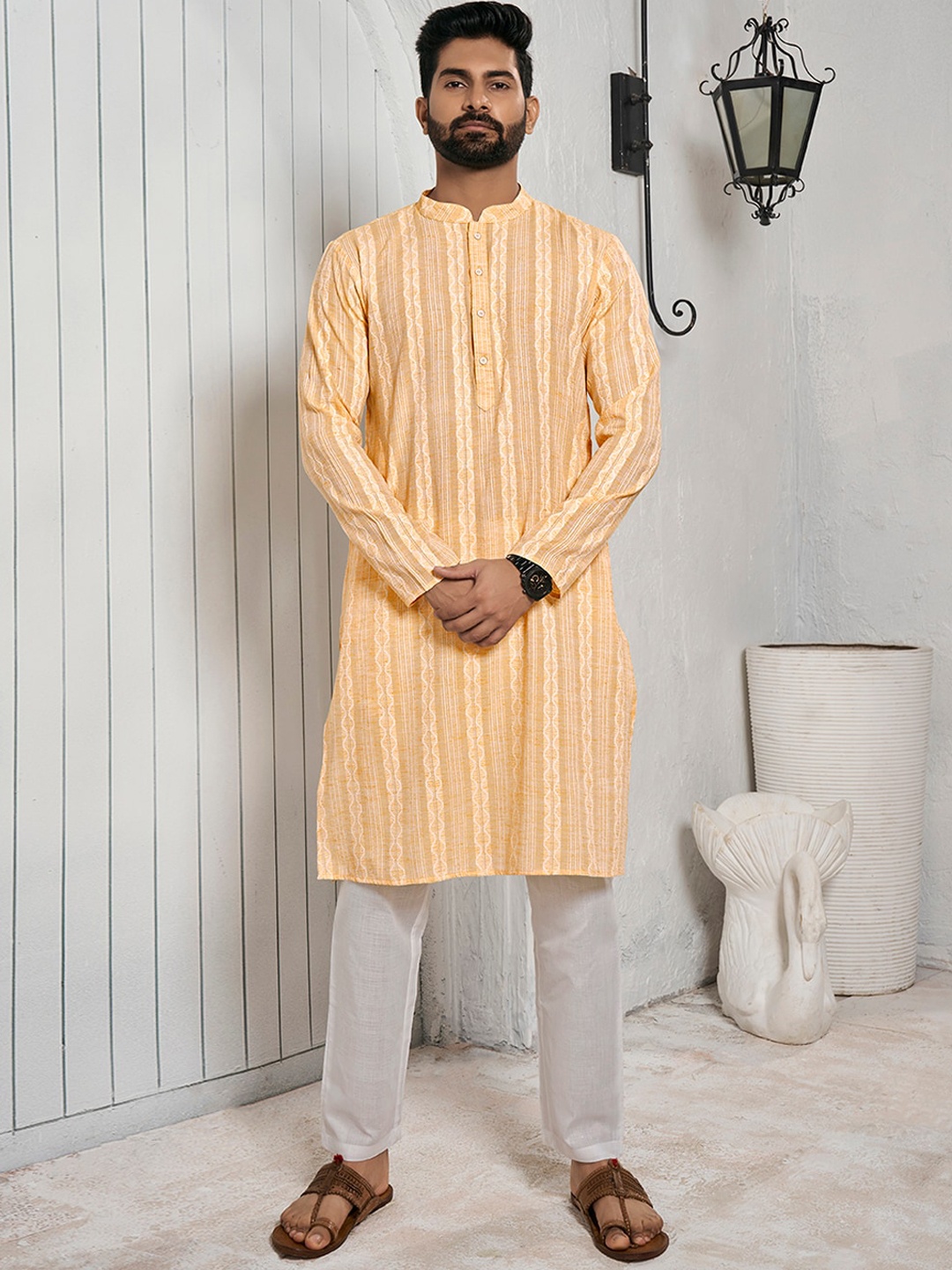 

Inddus Striped Cotton Straight Kurta, Yellow