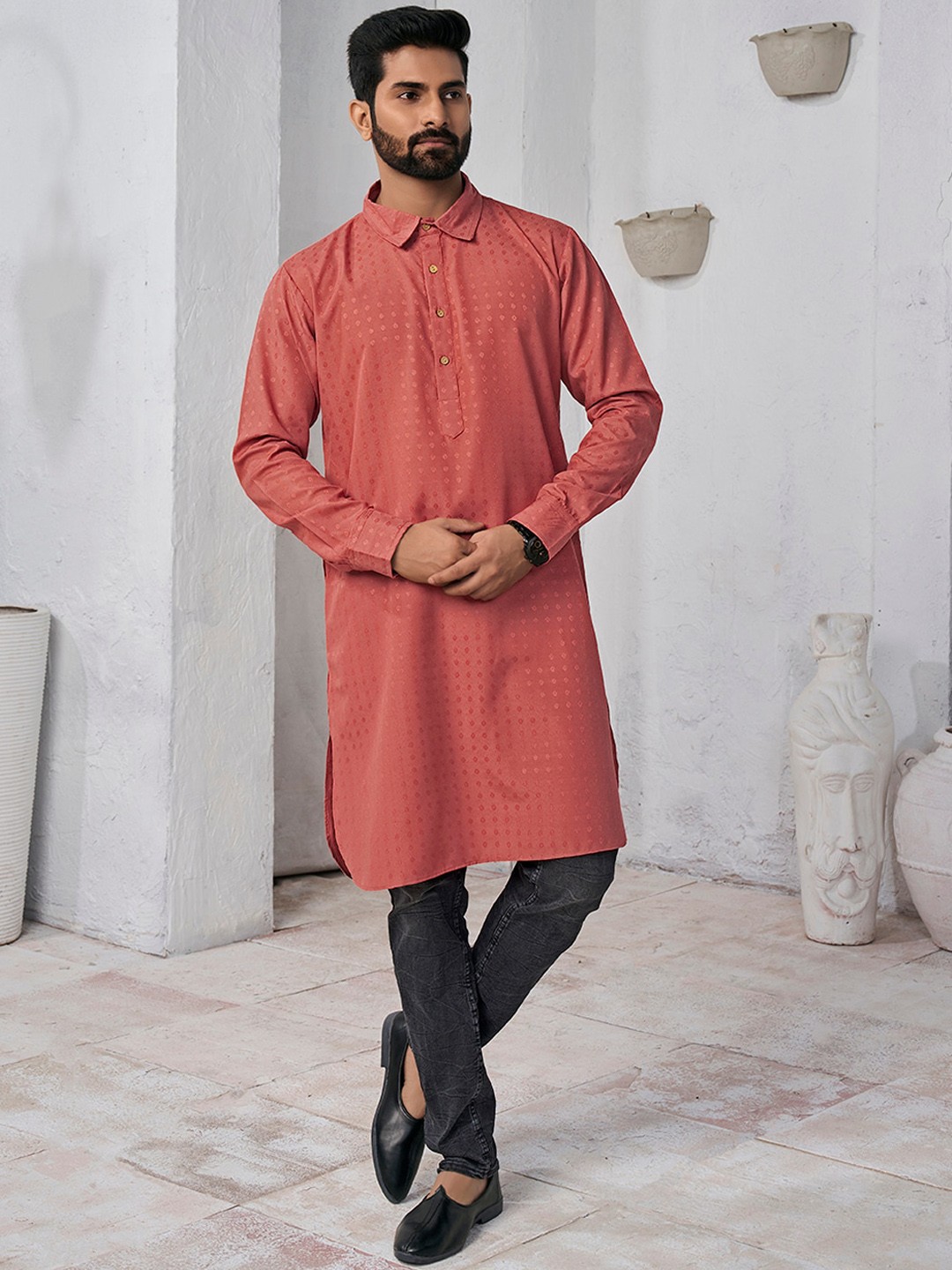 

Inddus Woven Design Shirt Collar Cotton Straight Kurta, Rust
