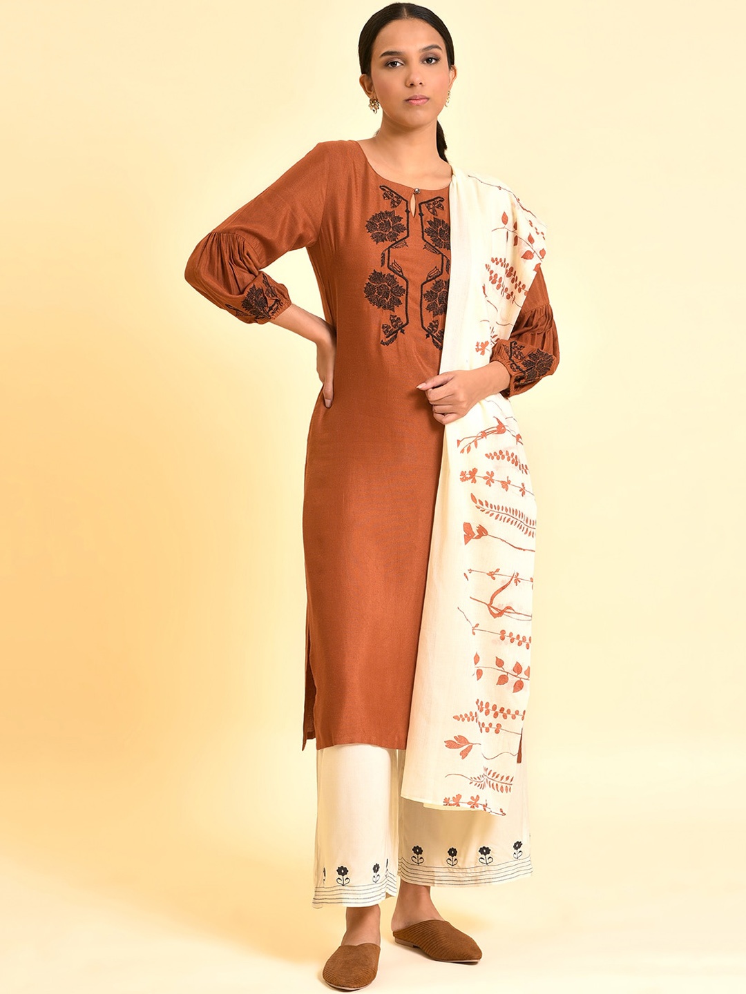 W Floral Yoke Design Regular Thread Work Kurta With Trousers & Dupatta, Brown