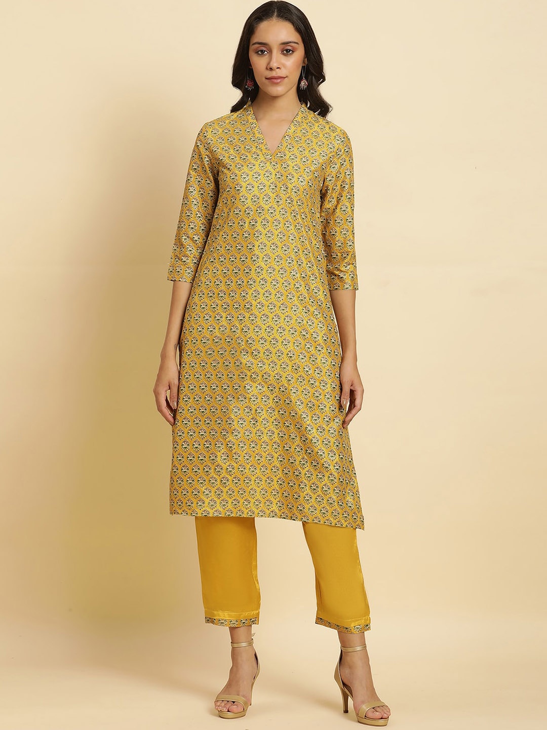 

W Floral Print Cotton Kurta With Straight Pant, Yellow