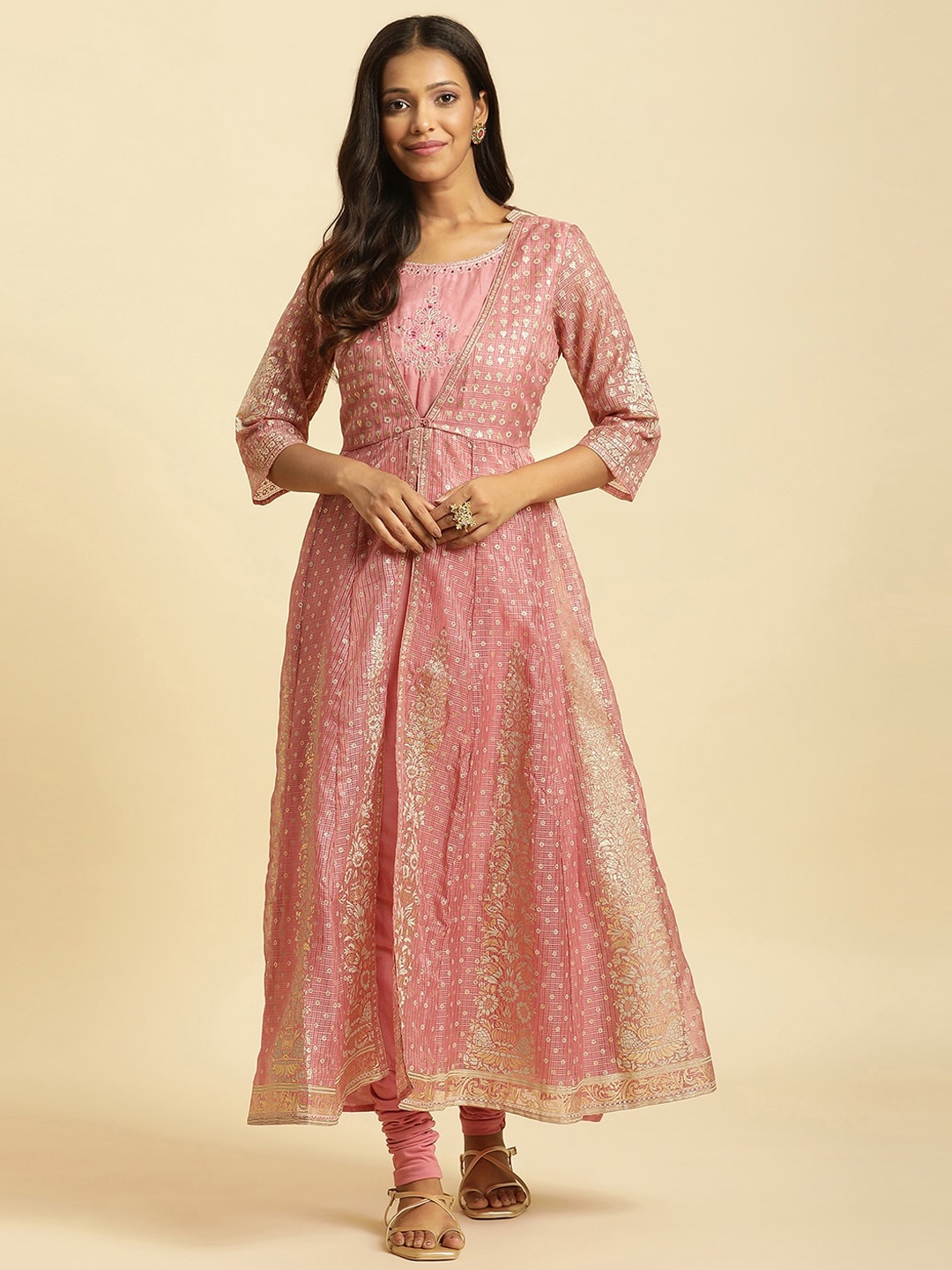 

W Ethnic Motifs Woven Design Thread Work Anarkali Kurta With Churidar, Pink