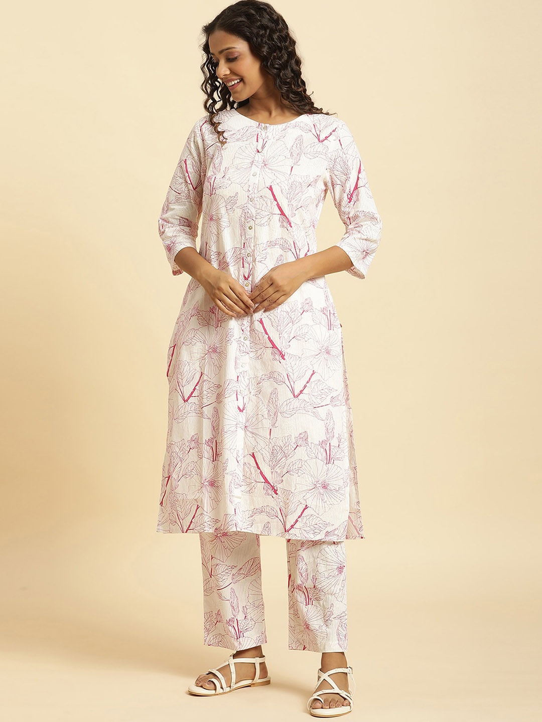 

W Floral Printed Pure Cotton Kurta With Trousers, White