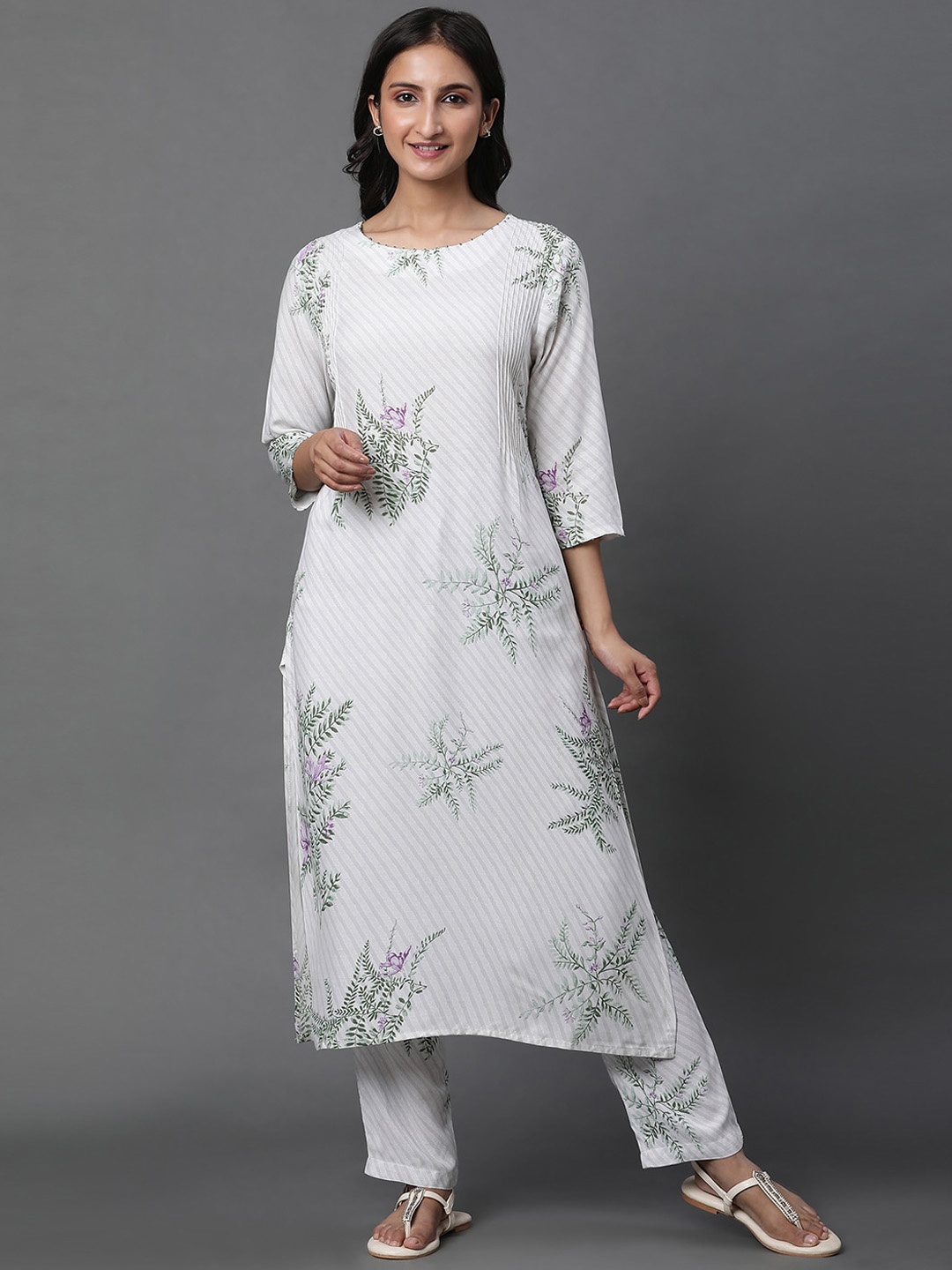 

W Floral Print Rayon Co-Ord Kurta Set With Straight Pant, White