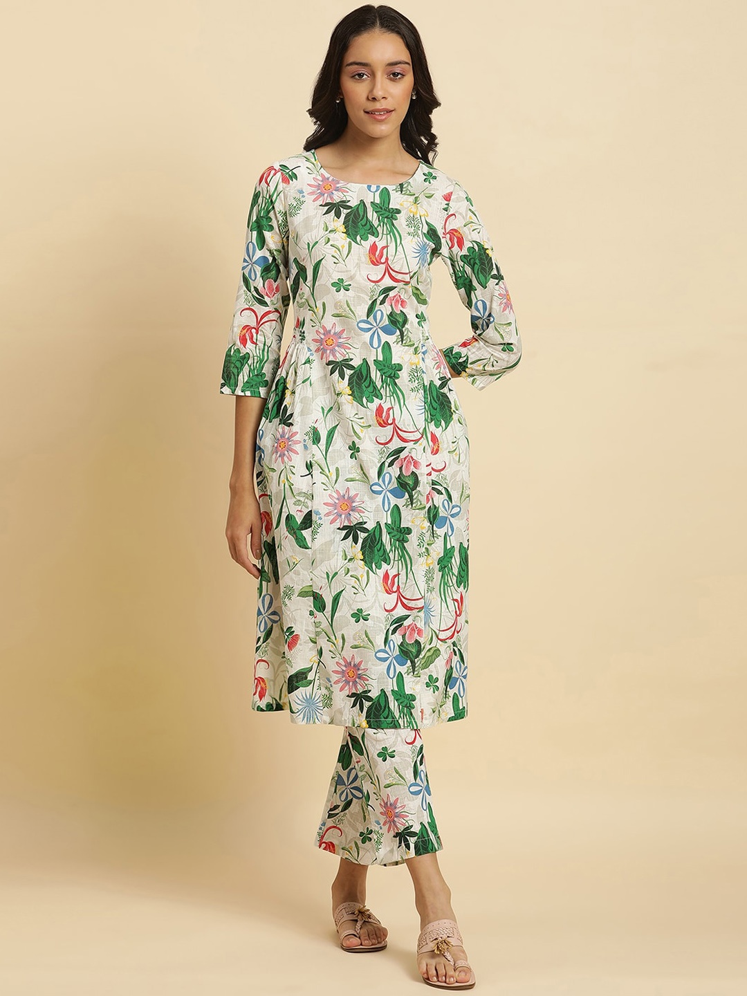 

W Floral Printed Regular Pure Cotton Kurta With Trousers, White