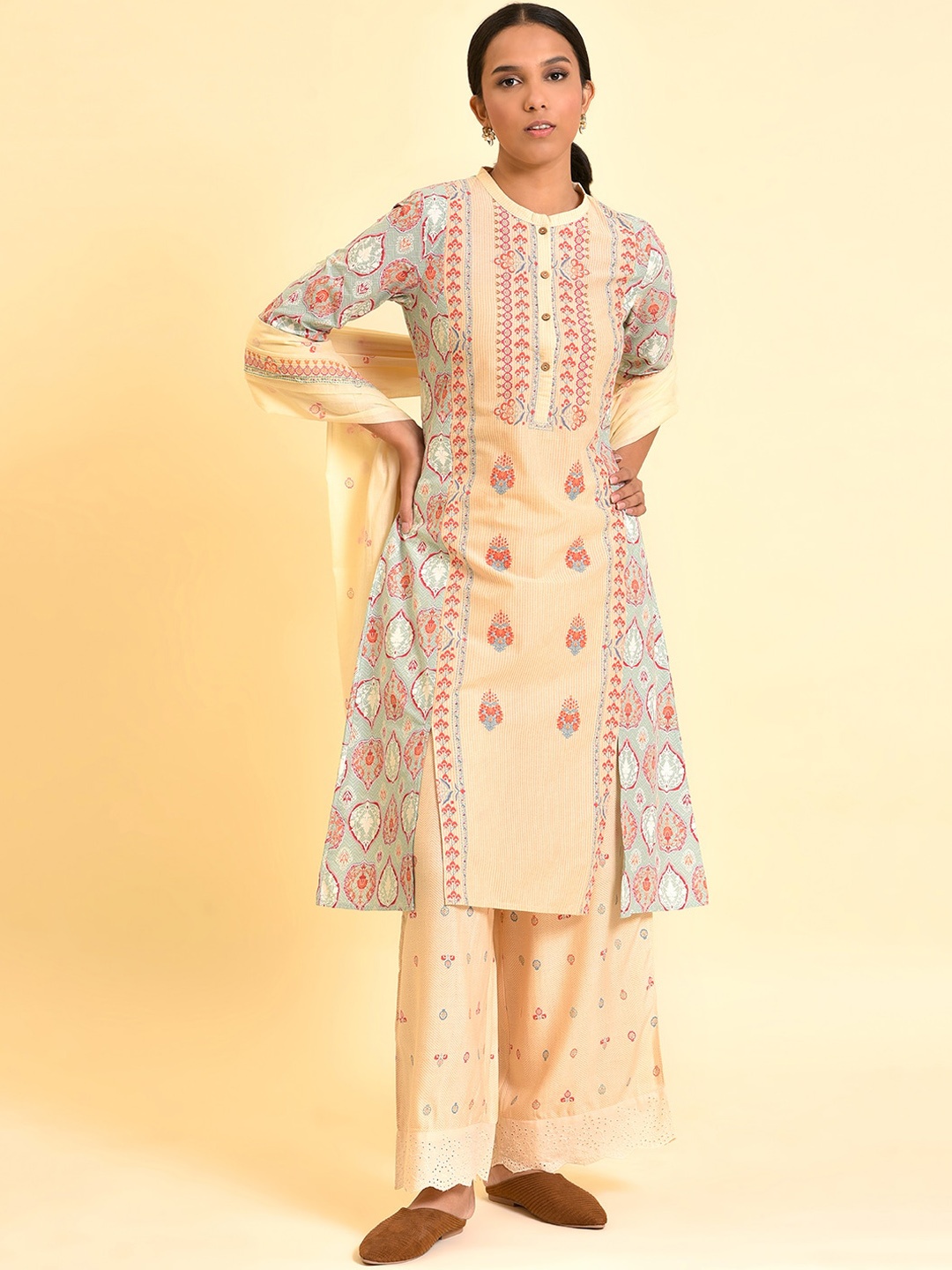

W Ethnic Motifs Printed Regular Pure Cotton Kurta With Trousers & Dupatta, White