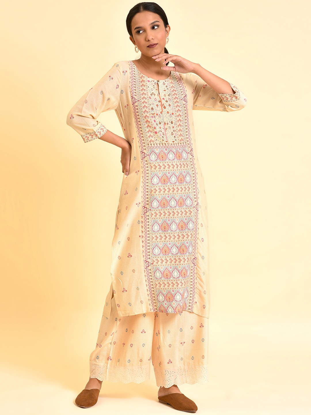 

W Ethnic Motifs Printed Keyhole Neck Regular Kurta With Palazzos, Beige