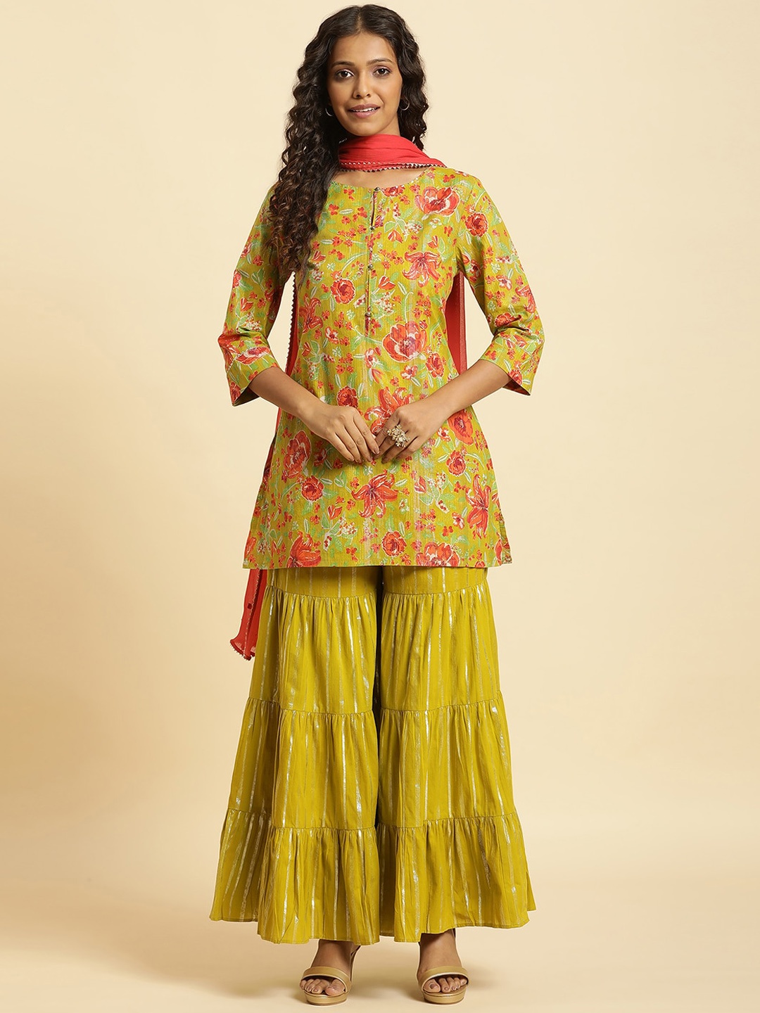 

W Cotton Kurti with Sharara & Dupatta, Green