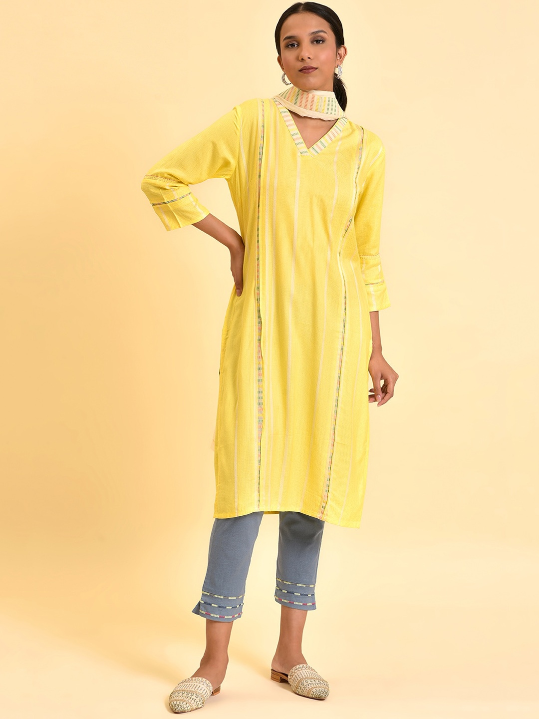 

W Striped Regular Kurta With Trousers & Dupatta, Yellow